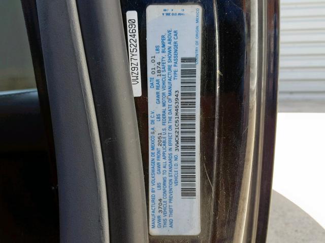 3VWCK21C51M453943 - 2001 VOLKSWAGEN NEW BEETLE შავი ფოტო 10