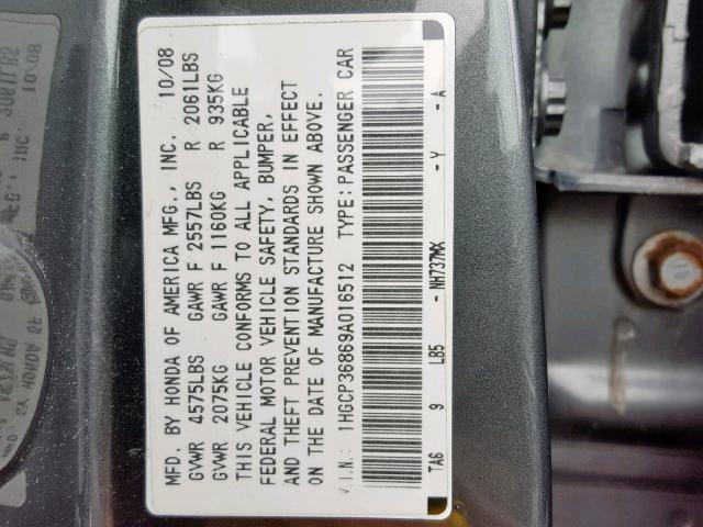 1HGCP36869A016512 - 2009 HONDA ACCORD EXL GRAY photo 10