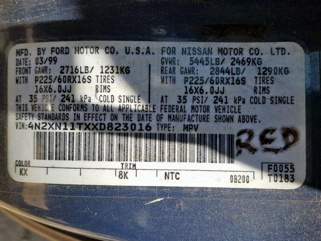 4N2XN11TXXD823016 - 1999 NISSAN QUEST SE BLUE photo 10