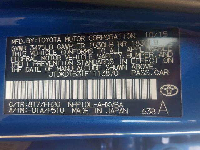 JTDKDTB31F1113870 - 2015 TOYOTA PRIUS C BLUE photo 10