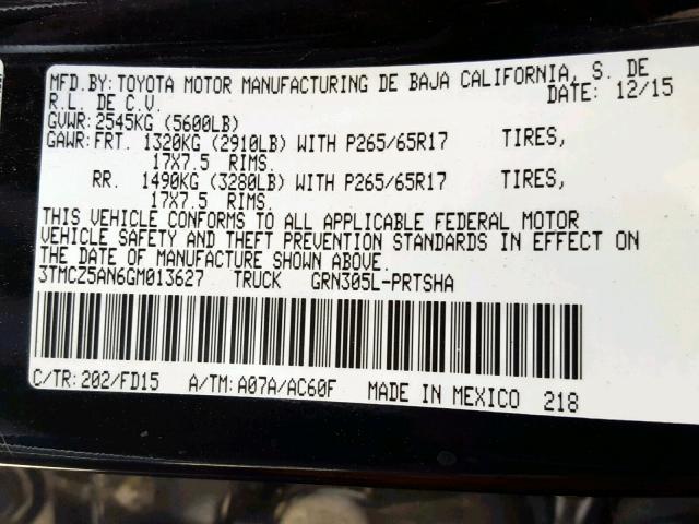 3TMCZ5AN6GM013627 - 2016 TOYOTA TACOMA DOU BLACK photo 10