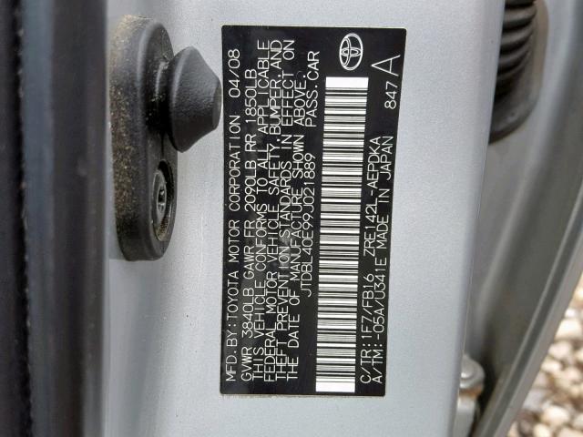 JTDBL40E99J021889 - 2009 TOYOTA COROLLA BA SILVER photo 10