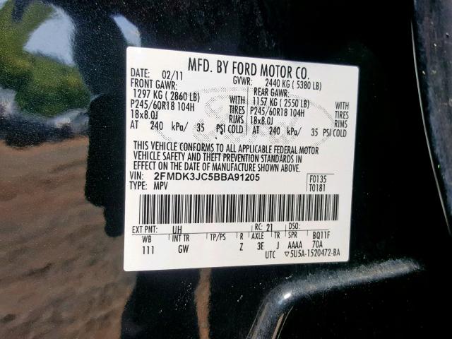 2FMDK3JC5BBA91205 - 2011 FORD EDGE SEL BLACK photo 10