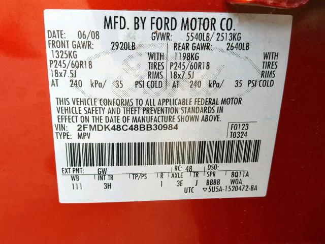 2FMDK48C48BB30984 - 2008 FORD EDGE SEL ORANGE photo 10