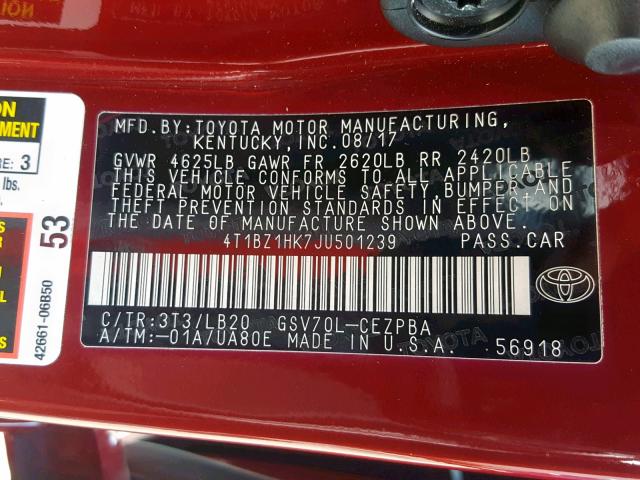 4T1BZ1HK7JU501239 - 2018 TOYOTA CAMRY XSE RED photo 10