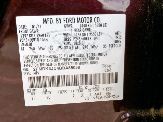 2FMDK3JC4BBA85038 - 2011 FORD EDGE SEL MAROON photo 10