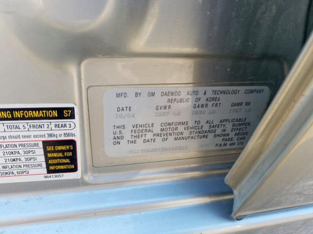 KL1TD62615B342923 - 2005 CHEVROLET AVEO BASE  фото 10