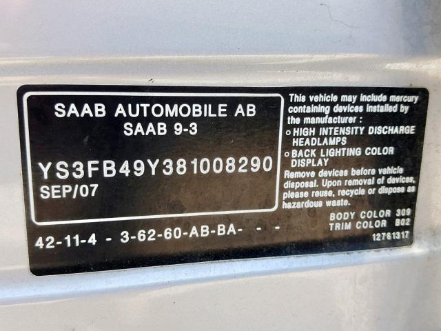 YS3FB49Y381008290 - 2008 SAAB 9-3 2.0T GRAY photo 10