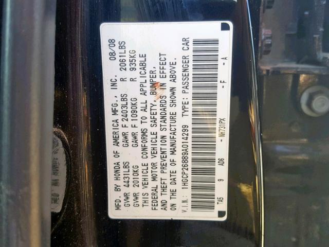 1HGCP26889A014299 - 2009 HONDA ACCORD EXL BLACK photo 10