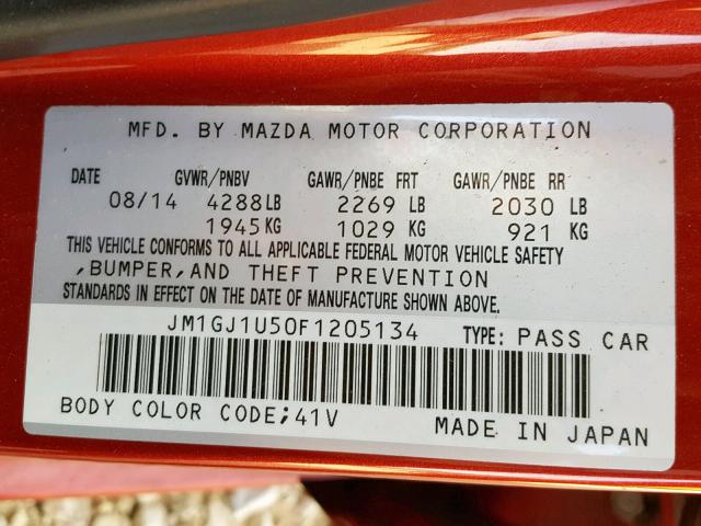 JM1GJ1U50F1205134 - 2015 MAZDA 6 SPORT RED photo 10