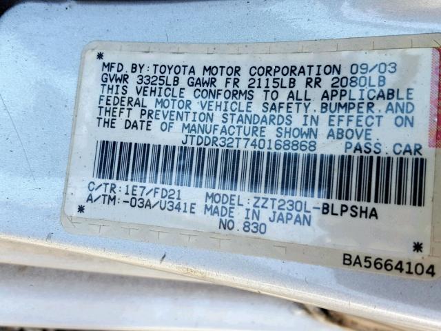 JTDDR32T740168868 - 2004 TOYOTA CELICA GT GRAY photo 10