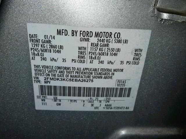 2FMDK3KC5EBA26275 - 2014 FORD EDGE LIMIT SILVER photo 10