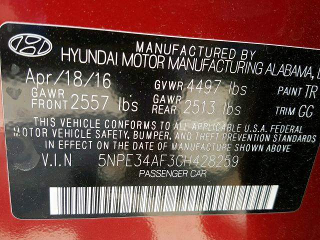 5NPE34AF3GH428259 - 2016 HYUNDAI SONATA SPO RED photo 10