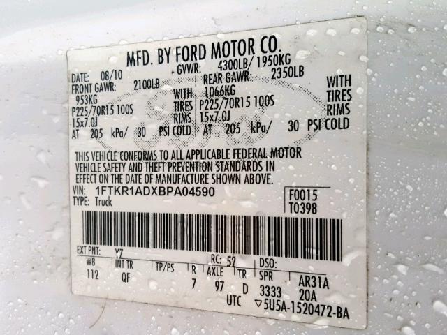 1FTKR1ADXBPA04590 - 2011 FORD RANGER WHITE photo 10