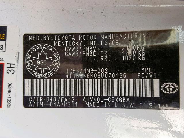 4T1BB46K09U070196 - 2009 TOYOTA CAMRY HYBR WHITE photo 10