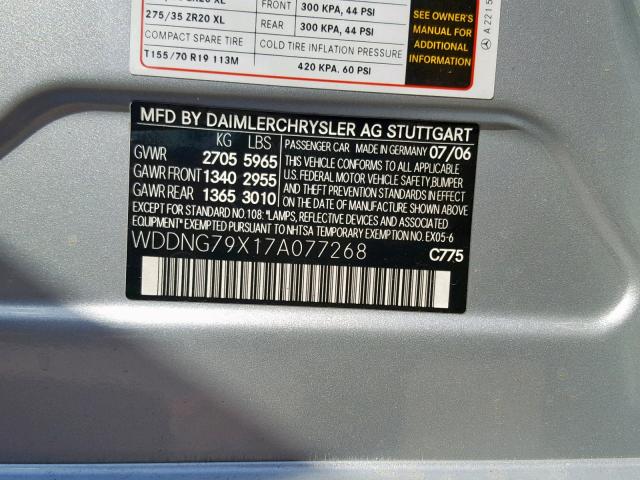 WDDNG79X17A077268 - 2007 MERCEDES-BENZ S 65 AMG SILVER photo 10