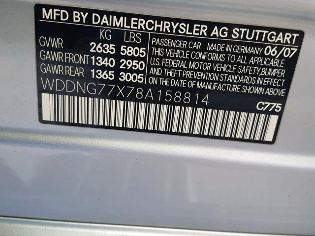WDDNG77X78A158814 - 2008 MERCEDES-BENZ S 63 AMG SILVER photo 10