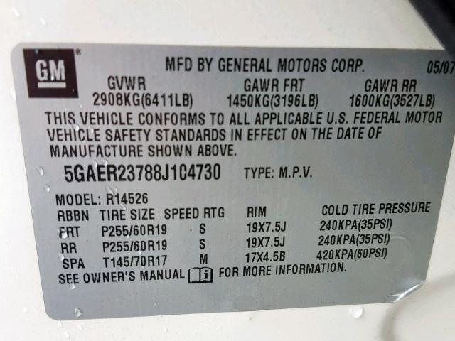 5GAER23788J104730 - 2008 BUICK ENCLAVE CX WHITE photo 10