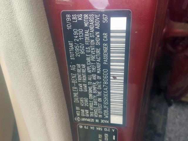 WDBJF65HXXA780600 - 1999 MERCEDES-BENZ E 320 RED photo 10