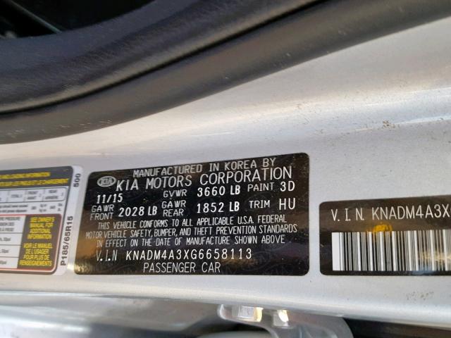 KNADM4A3XG6658113 - 2016 KIA RIO LX SILVER photo 10