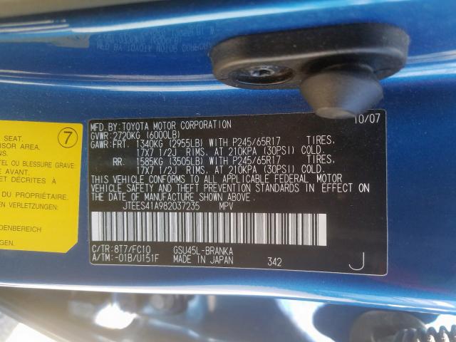 JTEES41A982037235 - 2008 TOYOTA HIGHLANDER  photo 10