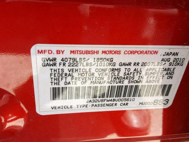 JA32U8FW4BU005610 - 2011 MITSUBISHI LANCER GTS RED photo 10