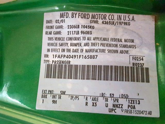 1FAFP40491F165887 - 2001 FORD MUSTANG GREEN photo 10