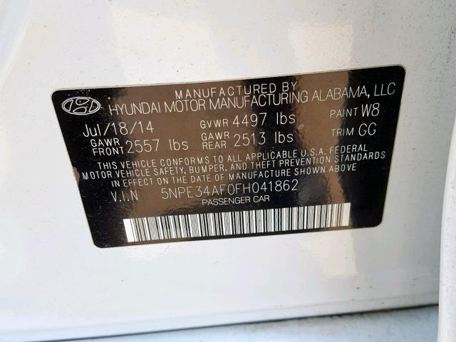 5NPE34AF0FH041862 - 2015 HYUNDAI SONATA SPO WHITE photo 10