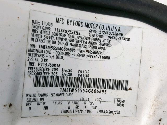 1MEFM55S54G606895 - 2004 MERCURY SABLE LS P WHITE photo 10