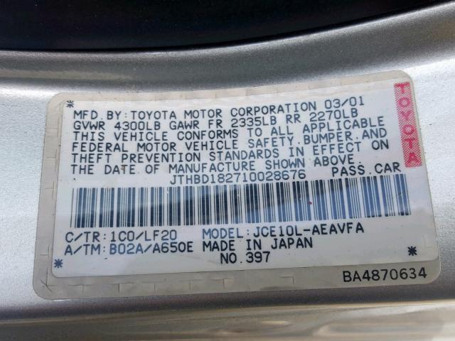 JTHBD182710028676 - 2001 LEXUS IS 300 SILVER photo 10