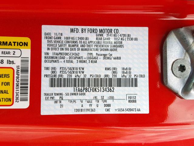 1FA6P8CF0K5134362 - 2019 FORD MUSTANG GT RED photo 10