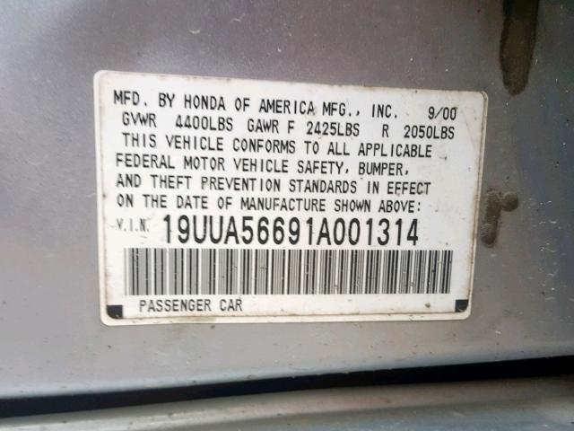 19UUA56691A001314 - 2001 ACURA 3.2TL SILVER photo 10