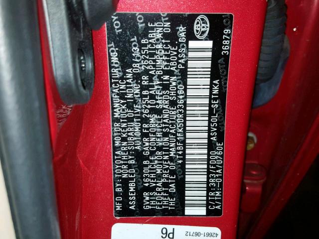 4T4BF1FK5DR336460 - 2013 TOYOTA CAMRY L RED photo 10