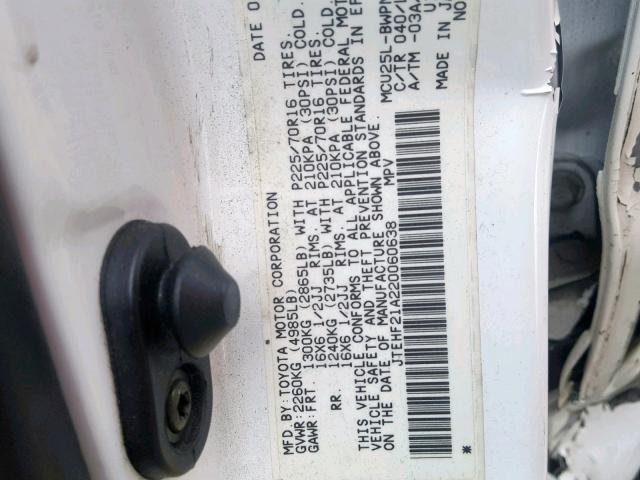 JTEHF21A220060638 - 2002 TOYOTA HIGHLANDER WHITE photo 10