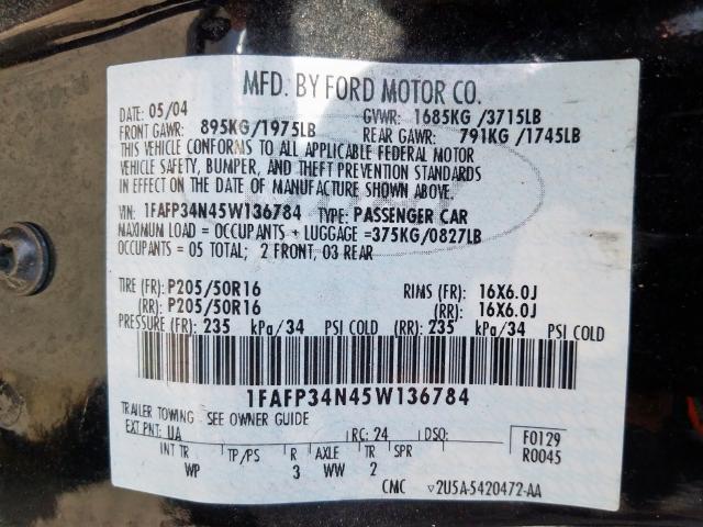 1FAFP34N45W136784 - 2005 FORD FOCUS ZX4  photo 10