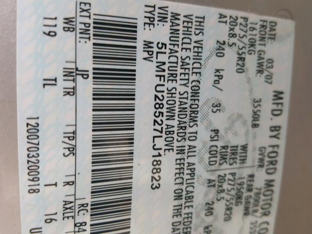 5LMFU28527LJ18823 - 2007 LINCOLN NAVIGATOR 银色 照片 10