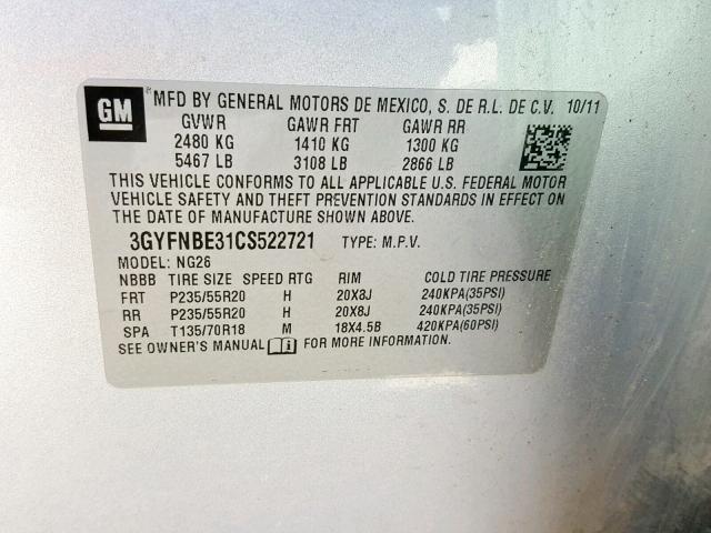 3GYFNBE31CS522721 - 2012 CADILLAC SRX PERFOR SILVER photo 10