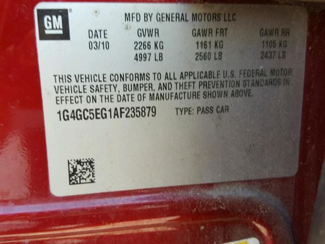 1G4GC5EG1AF235879 - 2010 BUICK LACROSSE C RED photo 10