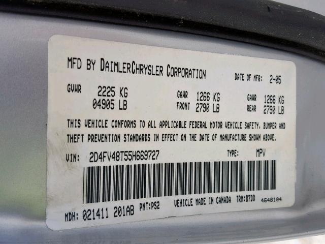 2D4FV48T55H669727 - 2005 DODGE MAGNUM SE GRAY photo 10