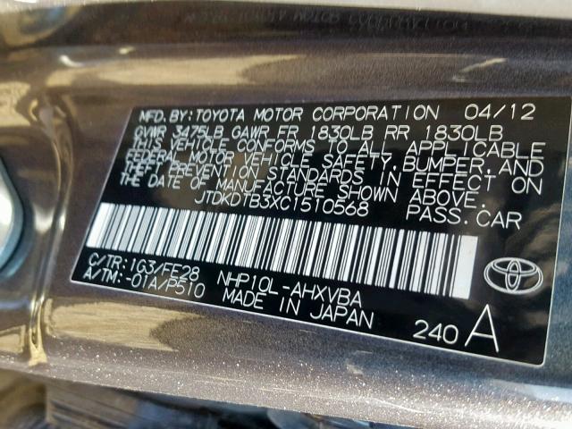 JTDKDTB3XC1510568 - 2012 TOYOTA PRIUS C GRAY photo 10