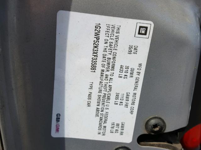 1G2WP52K3XF335881 - 1999 PONTIAC GRAND PRIX GRAY photo 10