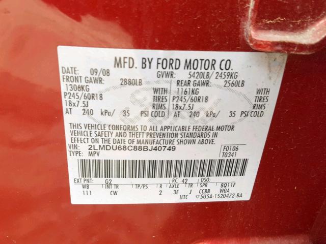 2LMDU68C88BJ40749 - 2008 LINCOLN MKX RED photo 10