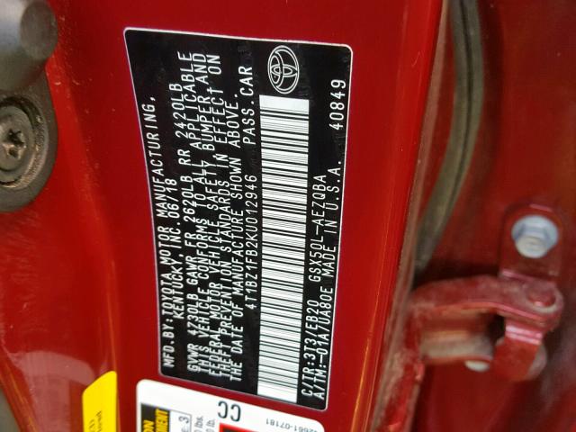 4T1BZ1FB2KU012946 - 2019 TOYOTA AVALON XLE RED photo 10