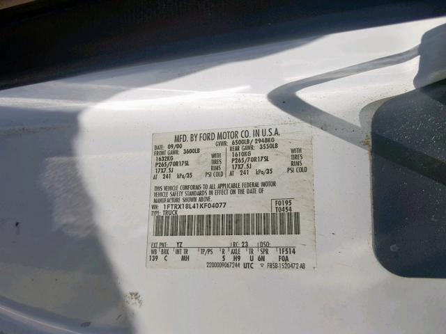 1FTRX18L41KF04077 - 2001 FORD F150 WHITE photo 10