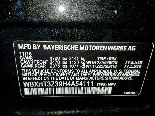 WBXHT3Z39H4A54111 - 2017 BMW X1 XDRIVE2 BLACK photo 10