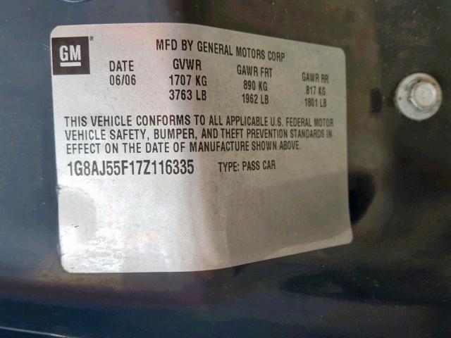 1G8AJ55F17Z116335 - 2007 SATURN ION LEVEL BLUE photo 10