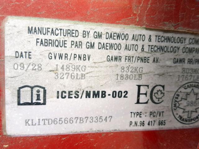 KL1TD65667B733547 - 2007 CHEVROLET AVEO BASE Бордовый фото 10