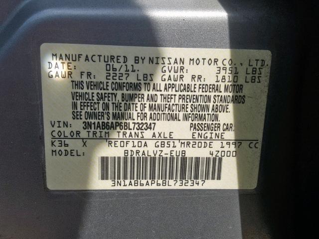 3N1AB6AP6BL732347 - 2011 NISSAN SENTRA 2.0 GRAY photo 10