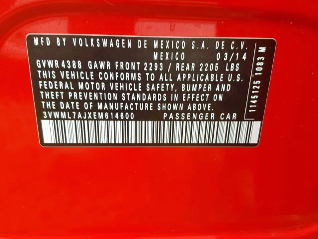 3VWML7AJXEM614600 - 2014 VOLKSWAGEN JETTA TDI RED photo 10