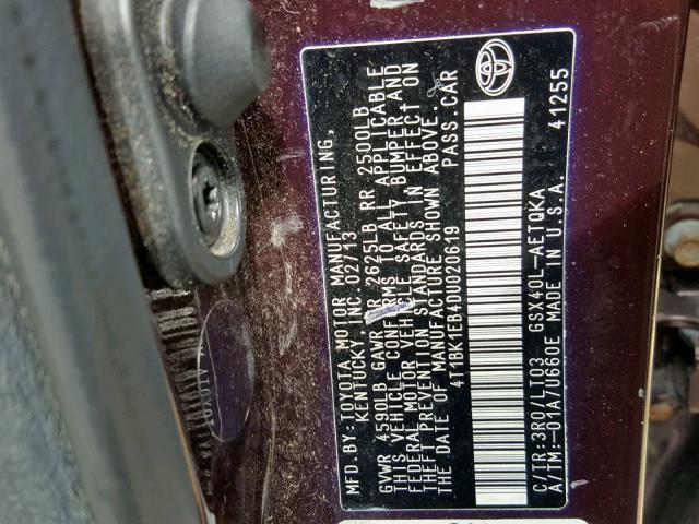 4T1BK1EB4DU020619 - 2013 TOYOTA AVALON BAS PURPLE photo 10